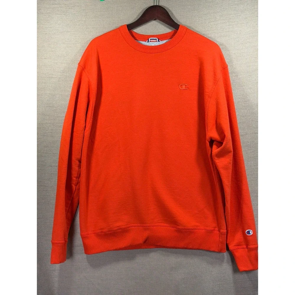 Champion Sweatshirt Mens Large‎ Orange Crewneck Fleece Sleeve Logo Pullover